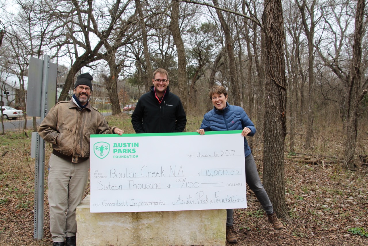 Austin Parks Foundation Grants Bouldin Creek Neighborhood Ass'n with a check for $16k