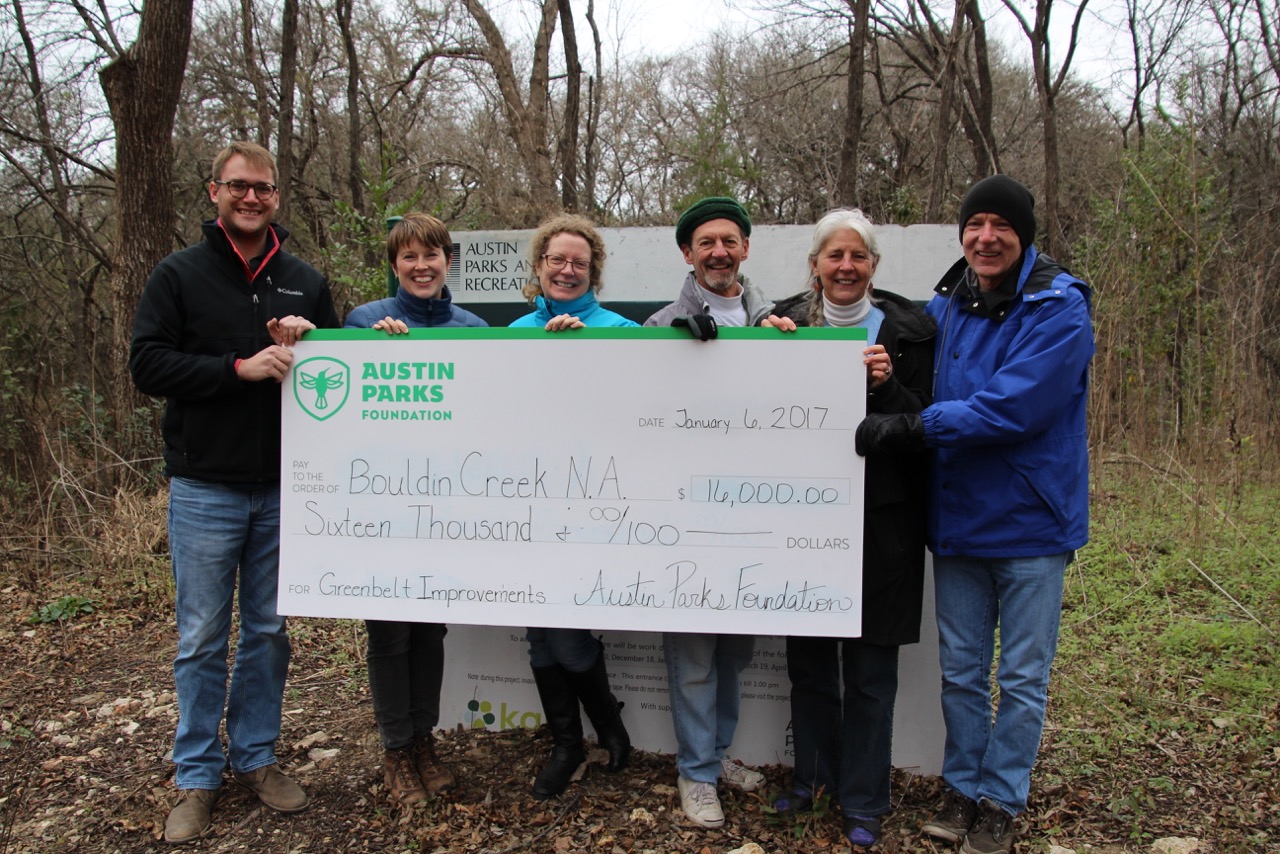 Austin Parks Foundation Grants Bouldin Creek Neighborhood Ass'n with a check for $16k